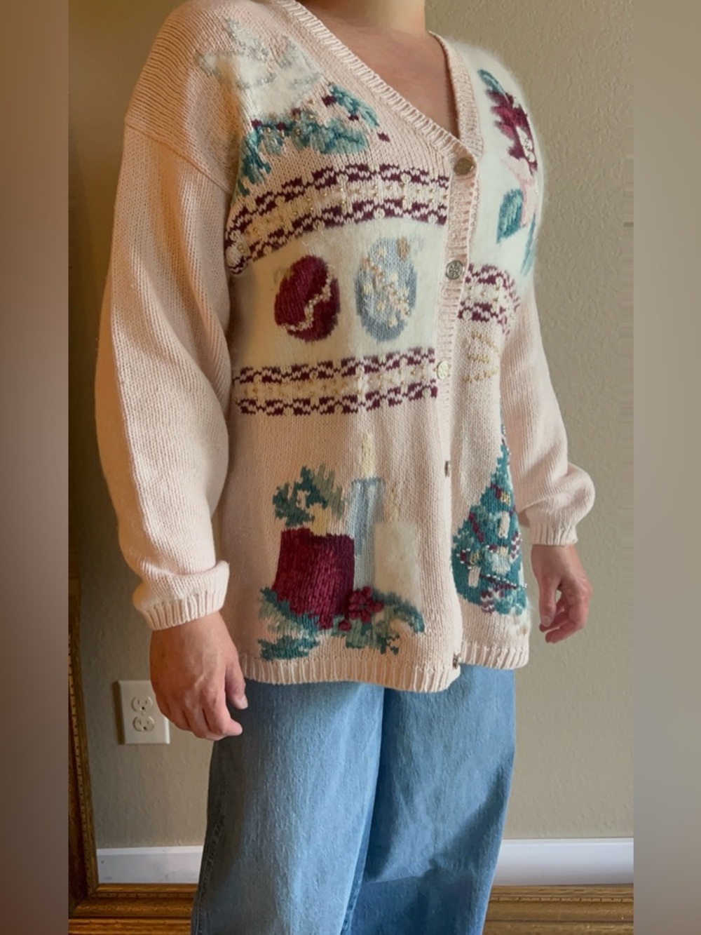 Vintage Karen Scott adorable Pink Christmas Holiday Cardigan